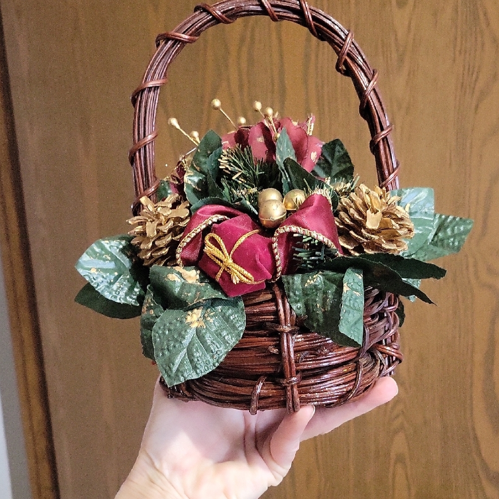 Festive Christmas Wicker Basket with Red and Gold Accents